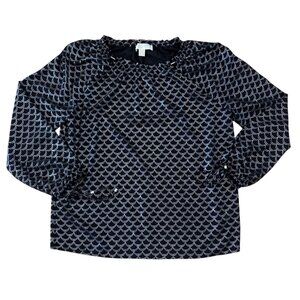 Michael Kors Print Blouse Womens Med Long Sleeve Black Silver Scallop Polyester